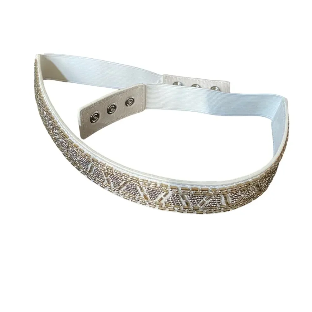 White House Black Market Beaded Studded Rhinestone snap button elastic belt sz S